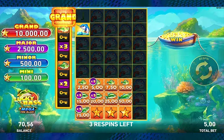 Mega Fire Blaze Lucky Bass - Mega Fire Blaze Hold & Respin Feature