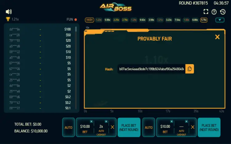 AirBoss Crash - Provably Fair