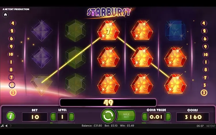 A screenshot of the Starburst slot base game