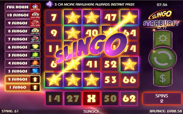 Slingo Starburst - Win Spin Feature