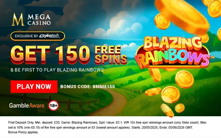 150 Free Spins on Blazing Rainbow at Mega Casino