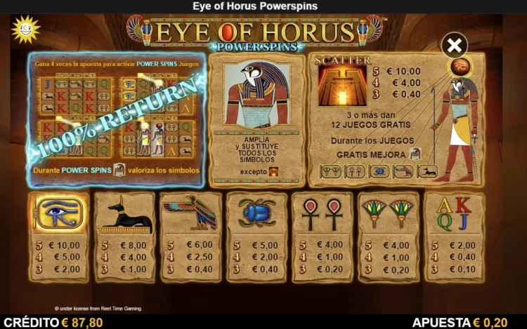 Eye of Horus Power Spins Slot Online Simbolos