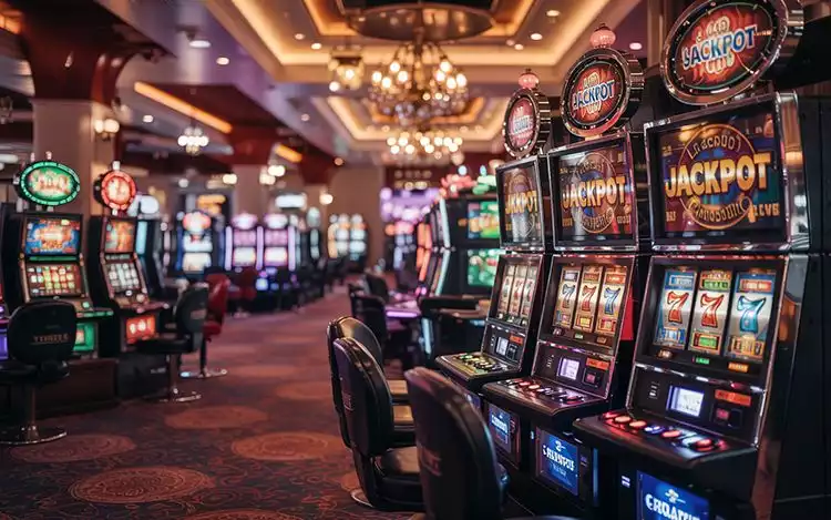 a brightly lit casino room with slot machines.