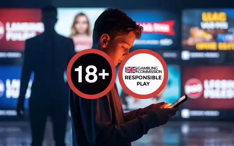 Teenager on phone with blurred gambling ads and responsible play warning overlay.
