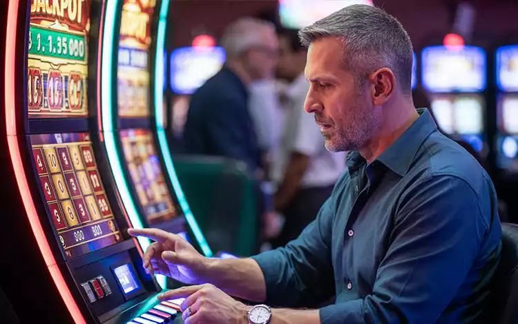 man playing slot machine game.