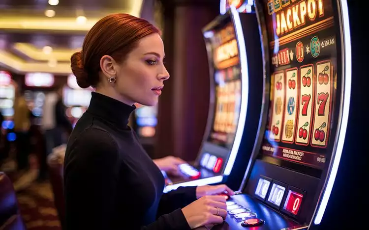 a woman in a black long-sleeved shirt is playing arcade games