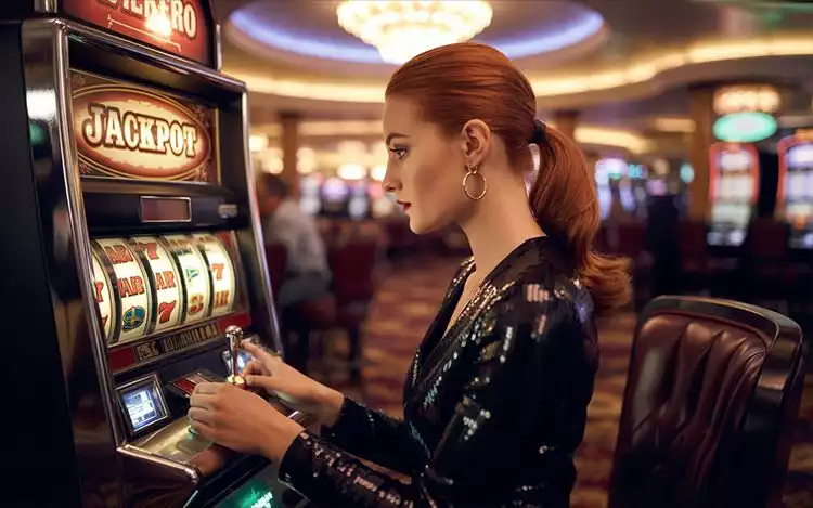 a woman playing slot machine at a casino