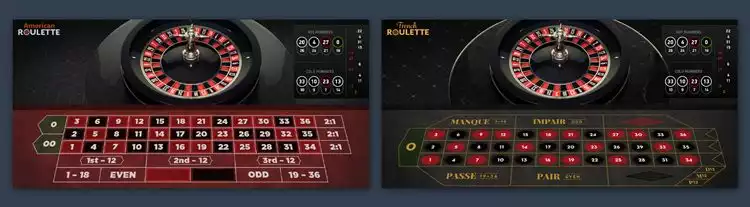 A side by side comparison of American Roulette and French Roulette Wheel and Table Layout