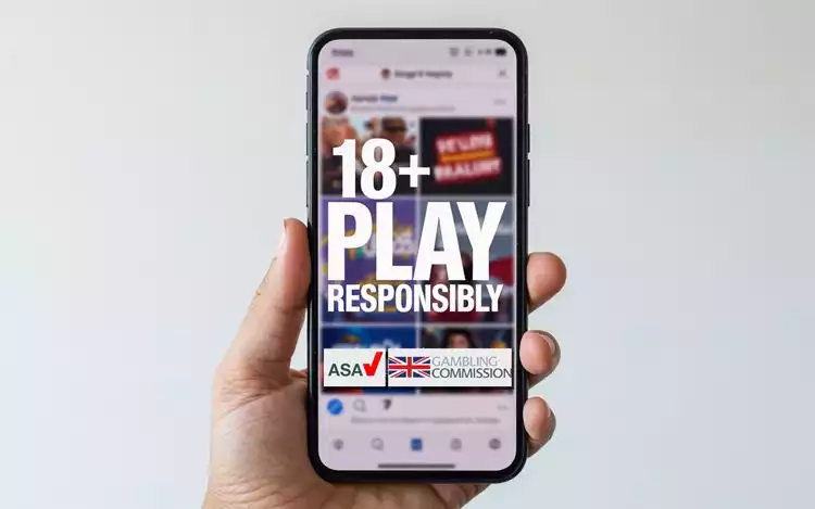 Concept image of social-media gambling ad labelled ‘18+ Play Responsibly’, reflecting ASA influencer rules.