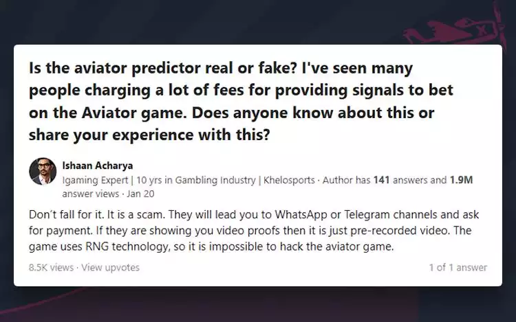 snippet of an igame expert confirming aviator predictor tools are scam