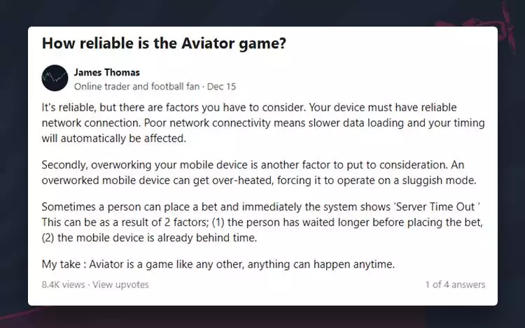 user review about Aviator in Quora