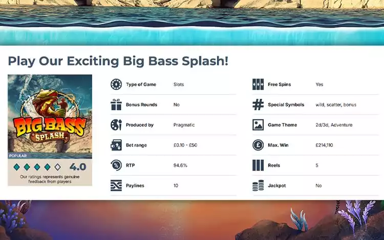 big bass splash game page with rtp info