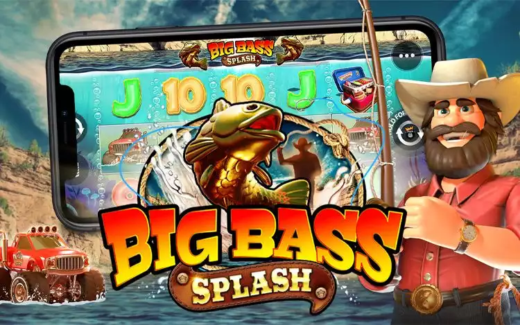 big bass splash game poster with fisherman mascot and monster truck