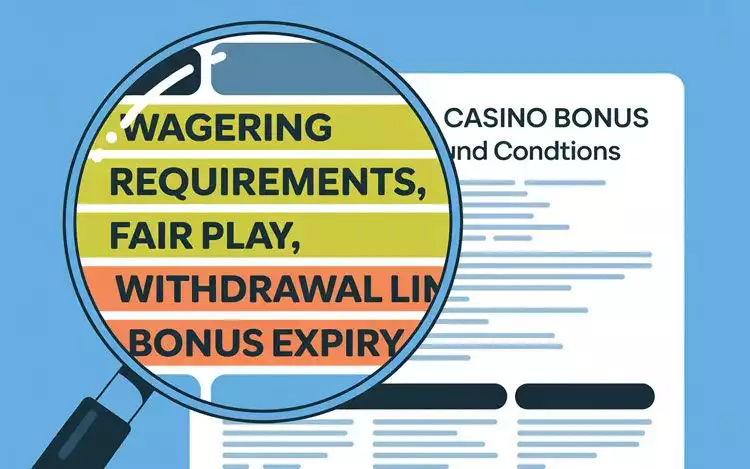 Infographic showing magnifying glass over casino bonus terms to explain bonus abuse.