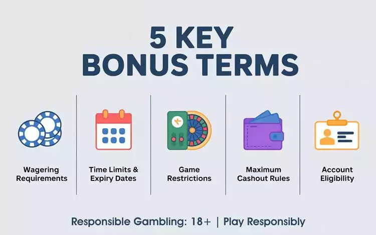 Infographic showing five key casino bonus terms: wagering requirements, time limits, game restrictions, maximum cashout, and account eligibility, with icons for each term. Note at the bottom reads 'Responsible Gambling: 18+ | Play Responsibly'.