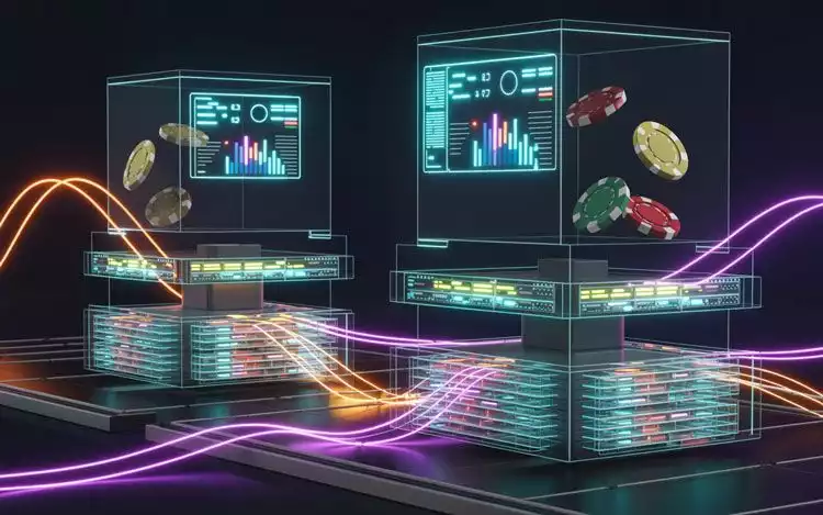 Abstract visualization of layered detection systems with data streams, server monitoring, and AI pattern recognition in a casino environment