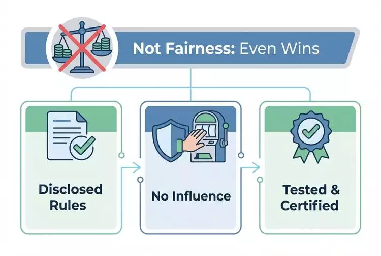 Infographic showing what fairness in online casino games means, with icons for disclosed rules, no influence, and certified performance, contrasted against a crossed-out symbol for even wins.