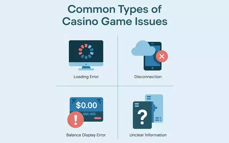 Infographic showing common casino game issues such as loading errors and disconnections.