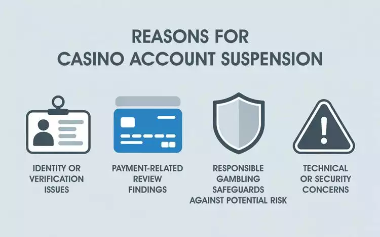 Infographic showing four icons and detailed reasons for casino account suspension: identity or verification issues, payment-related review findings, responsible gambling safeguards against potential risk, and technical or security concerns