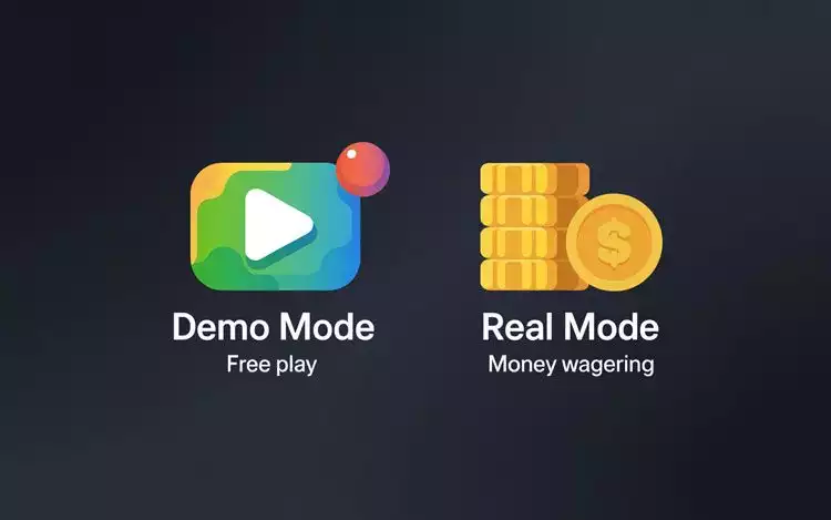 icons showing demo mode as free play and real mode as money wagering.
