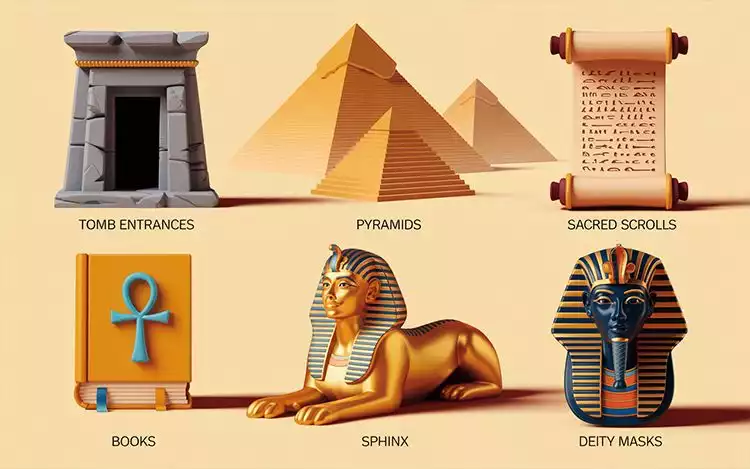 Illustration featuring labeled Egyptian symbols, including tomb entrances, pyramids, sacred scrolls, books, sphinx, and deity masks