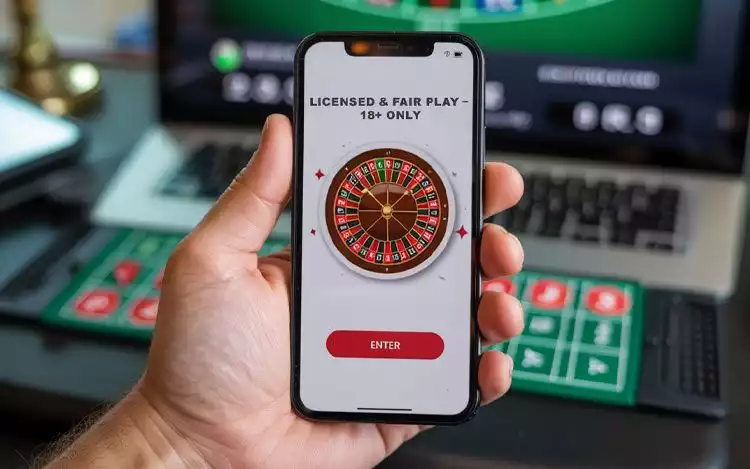 Smartphone screen showing a roulette-themed app with the message 'Licensed & Fair Play – 18+ Only' and a neutral 'Enter' button for educational reference.