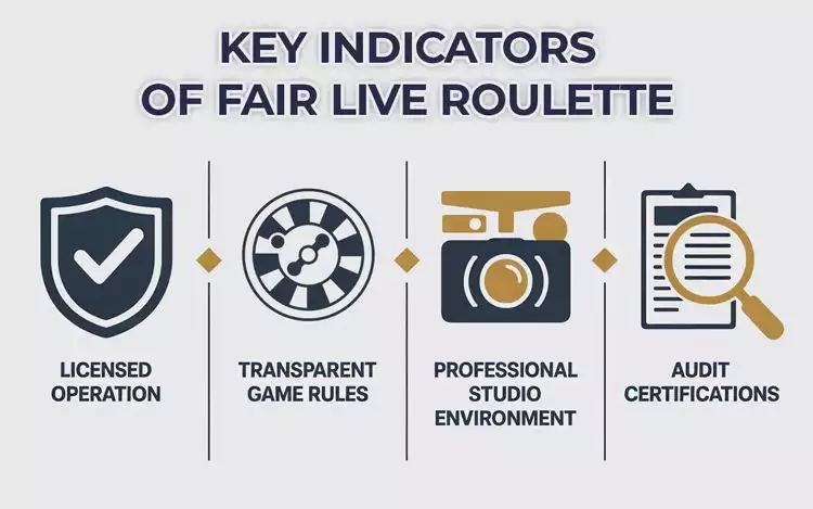Infographic showing four key indicators of fair live roulette: licensed operation, transparent game rules, professional studio environment, and audit certifications.