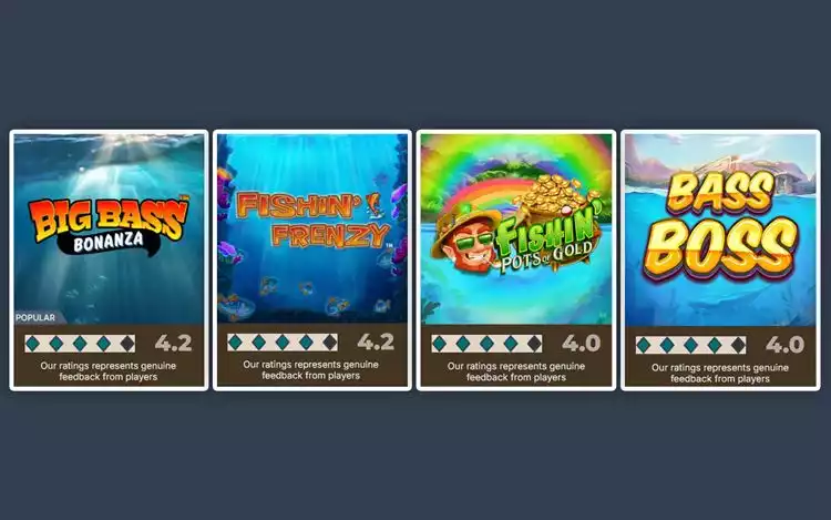 Prime Casino Ratings for popular fishing slots such as Big Bass Bonanza, Fishin' Frenzy Megaways, Fishin' Pots and Gold and Bass Boss