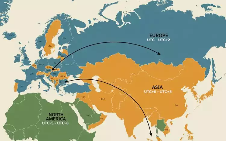 Timezones for Europe, Asia and North America flatmap