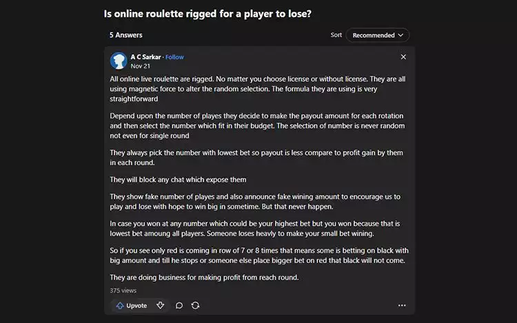 A sample online forum thread on rigged online live roulette