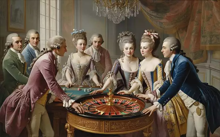 Historic French aristocrats playing roulette in a refined salon setting