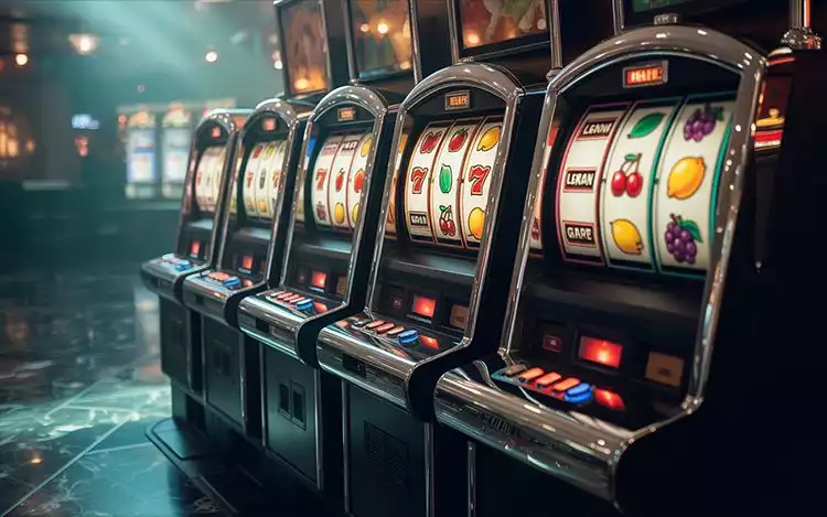 a row of fruit-themed slot machines