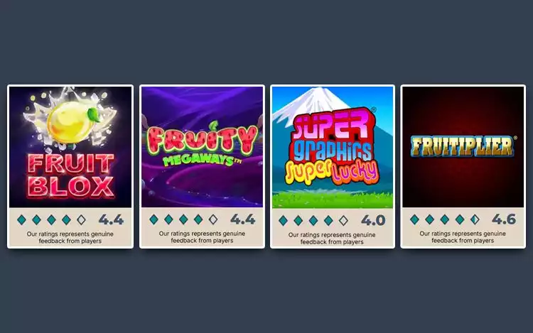 Prime Casino rating for Fruit-themed slots: Fruit Blox, Fruity Megaways, Fruitiplier, Super Graphics Super Lucky slots