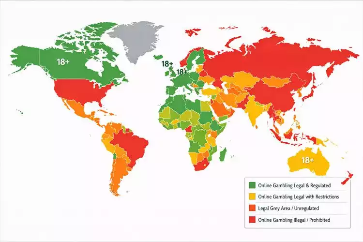 A flat, professional world map compliance heatmap illustrating the legal status of online gambling by country.