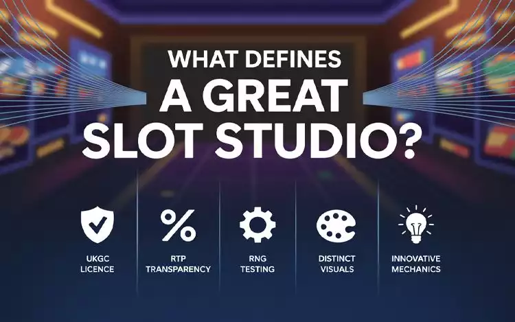 infographics on elements of a great slot studio: UKGC license, RTP Transparency, RNG Testing, Distinct VIsuals and Innovative Mechanics