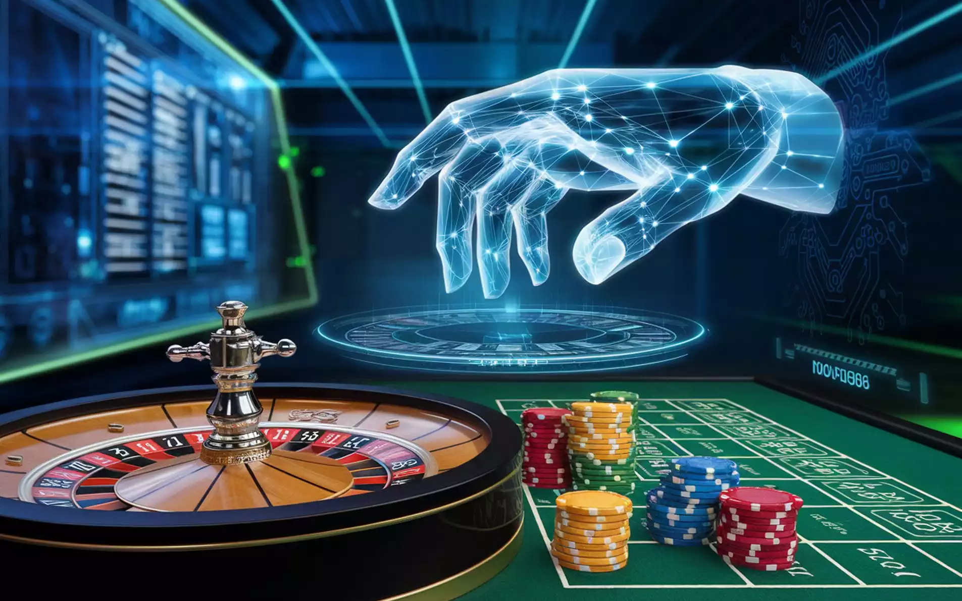 a holographic hand and roulette table with chips