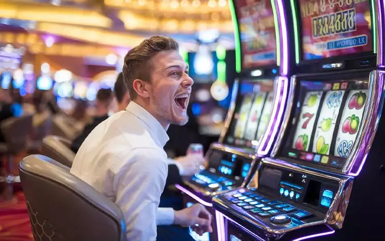 happy player playing slot machine