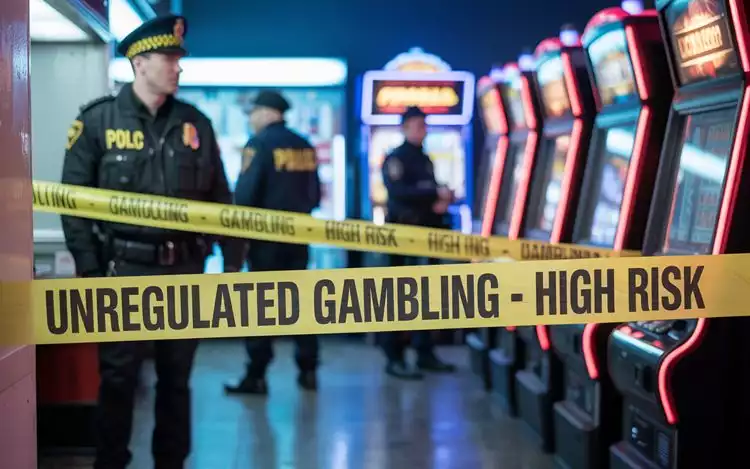 Illegal slot machines in arcade covered with caution tape during