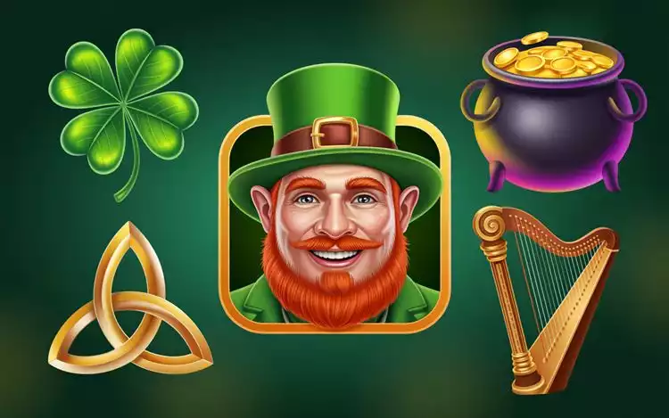 Illustration of popular Irish slot symbols including a leprechaun, shamrock, pot of gold, Celtic harp, and Celtic knot