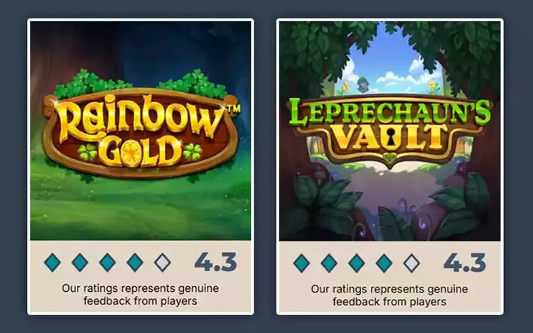 Prime Casino's rating for Irish-themed slots with Leprechaun symbol: Rainbow Gold and Leprechaun's Vault slot