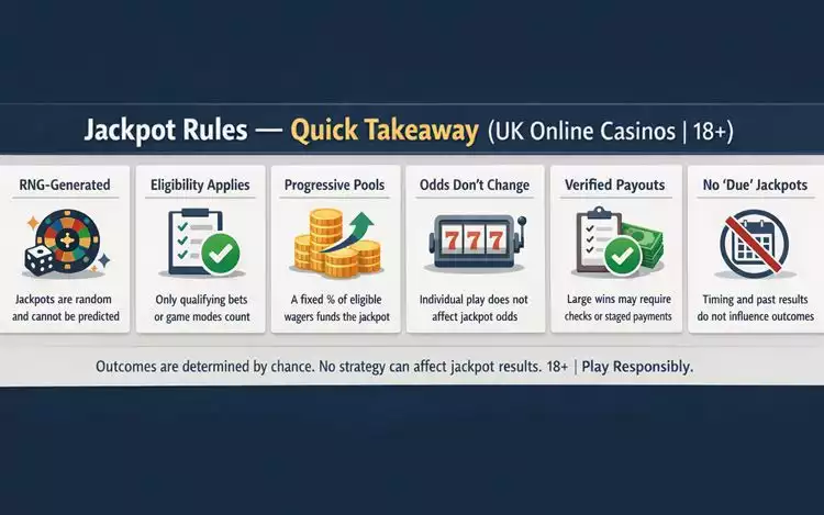 UK online casino jackpot rules, including RNG generation, eligibility requirements, progressive pools, unchanged odds, verified payouts, and no ‘due’ jackpots