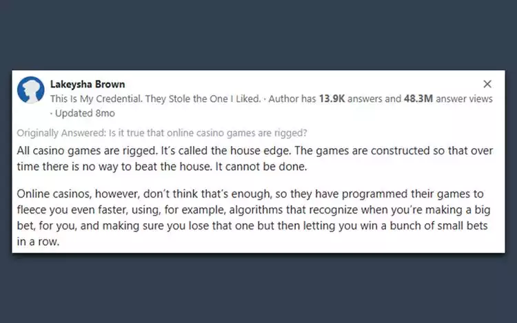lakeysha brown discussing about rigged online casinos in quora