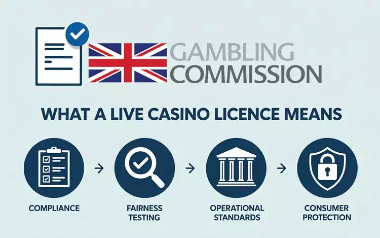 Graphic showing the core elements of a live casino license such as compliance, fairness, and operational standards