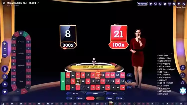 A professional live casino dealer in a studio, explaining game rules with hand gestures, clear communication, and welcoming body language