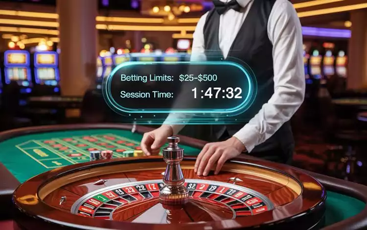 Live roulette dealer with table betting limits and monitoring overlay
