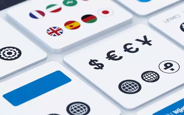 Illustration of localised interface elements such as languages, currencies, and chip‑style UI icons.