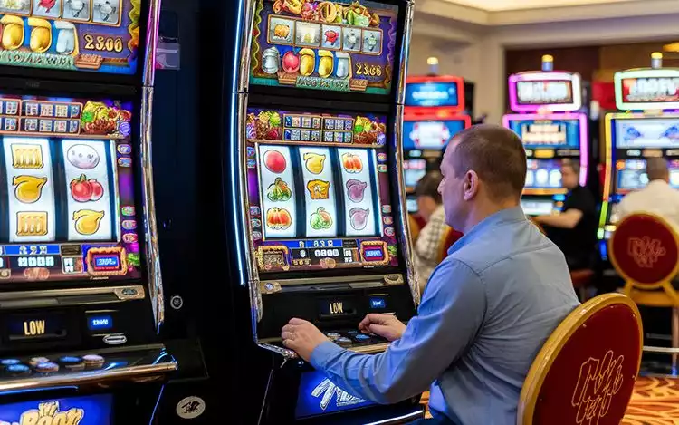 man sitting in front of a slot machine.