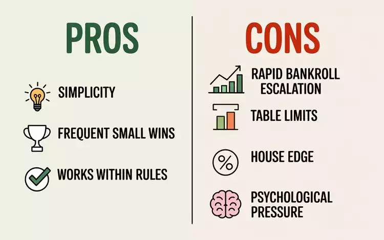 Infographic comparing pros and cons of Martingale strategy in online roulette, showing simplicity and frequent small wins versus rapid bankroll escalation, table limits, house edge, and psychological pressure