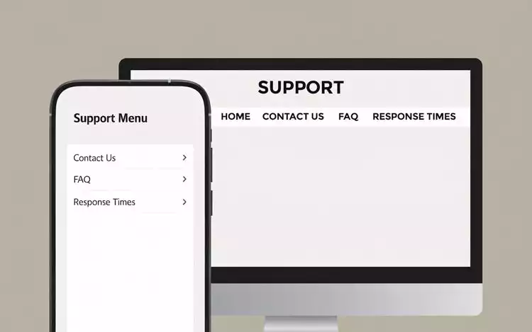 Mockup showing desktop and mobile screens with visible support options such as contact links and FAQ