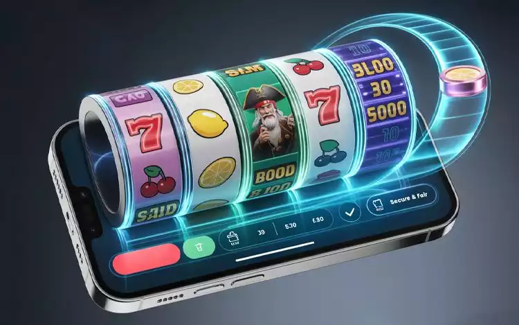 Showcasing the appeal of online slots, featuring a mobile device with spinning reels